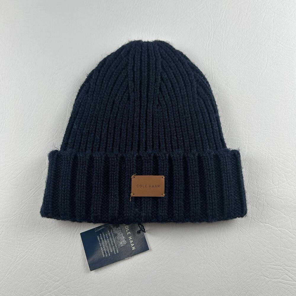 Cole Haan Ribbed Knit Beanie Navy Blue Cuffed Logo Patch Winter Hat NWT